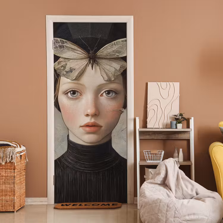 Woman - Butterfly - Art - Classic - Muted deurposter klein -sfeer1