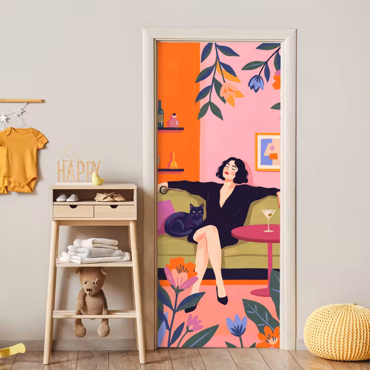 Vrouw - Kat - Interieur - Modern - Kleurrijk deurposter klein -sfeer4
