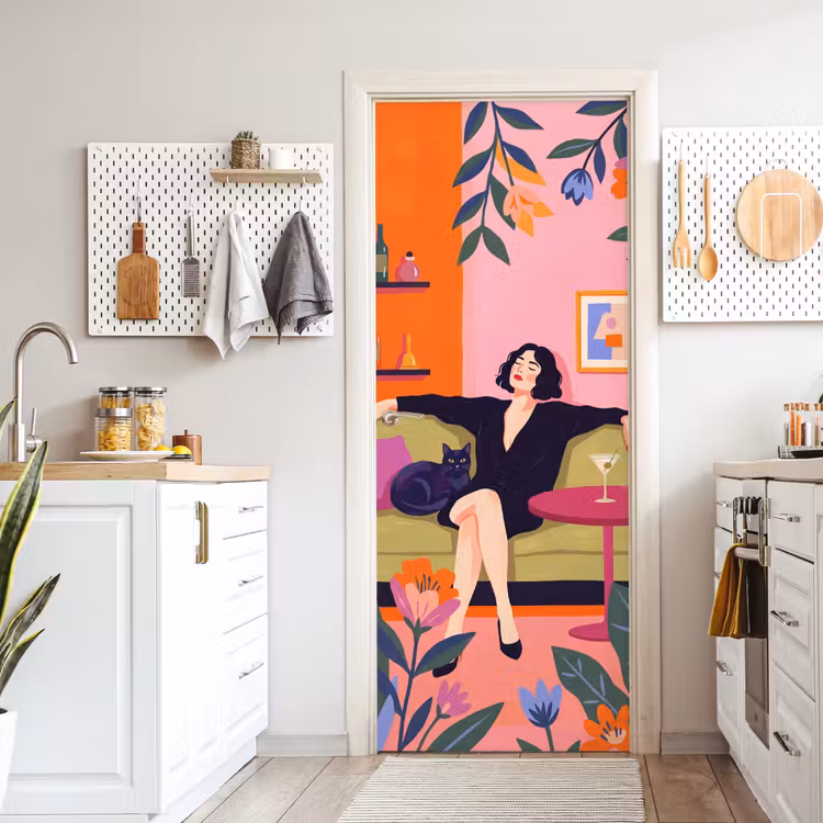 Vrouw - Kat - Interieur - Modern - Kleurrijk deurposter klein -sfeer5
