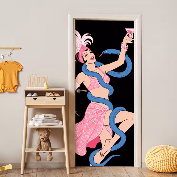Vrouw - Danseres - Slangen - Art Deco - Roze deurposter klein -sfeer4