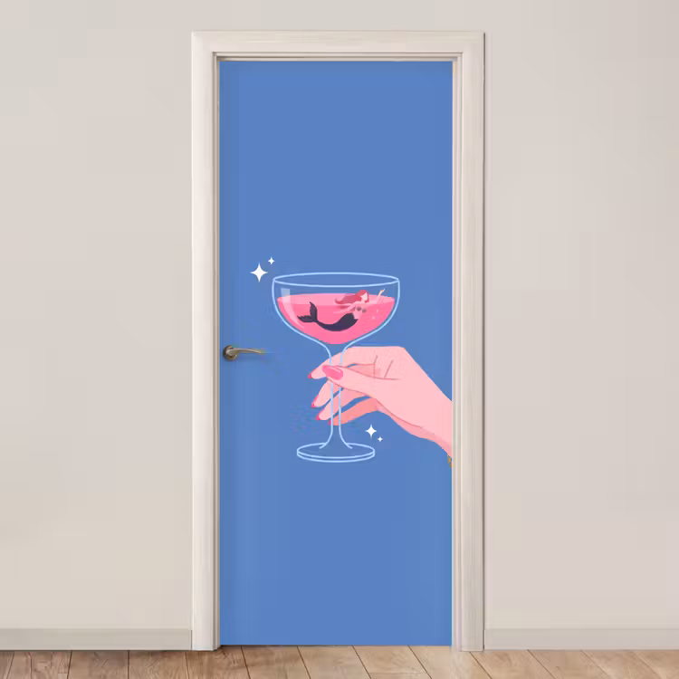 Vrouw - Glas - Abstract - Roze - Blauw deurposter klein -3d_beige