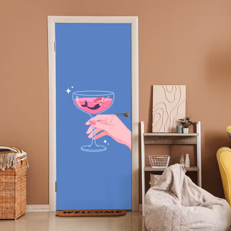 Vrouw - Glas - Abstract - Roze - Blauw deurposter klein -sfeer1