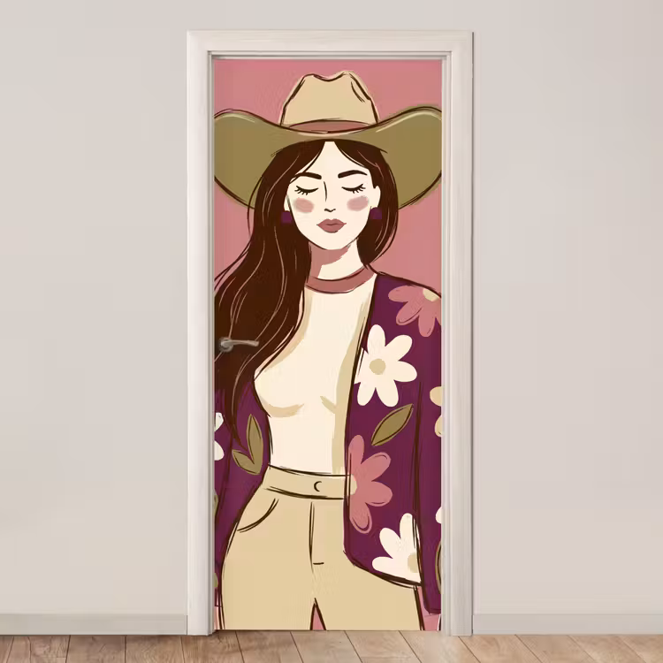 Vrouw - Hoed - Portret - Illustratie - Roze deurposter klein -3d_beige
