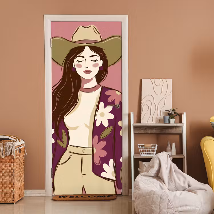 Vrouw - Hoed - Portret - Illustratie - Roze deurposter klein -sfeer1