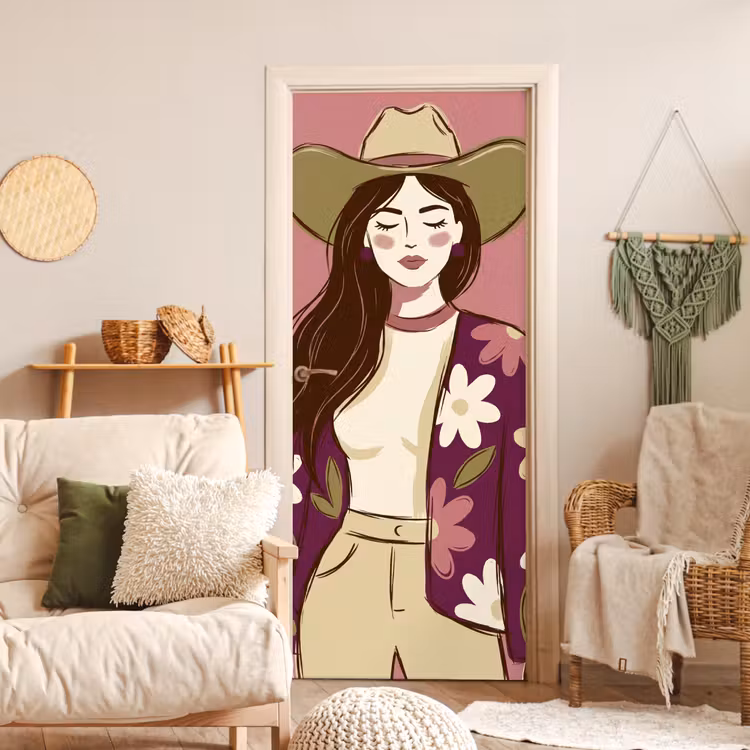Vrouw - Hoed - Portret - Illustratie - Roze deurposter klein -sfeer2