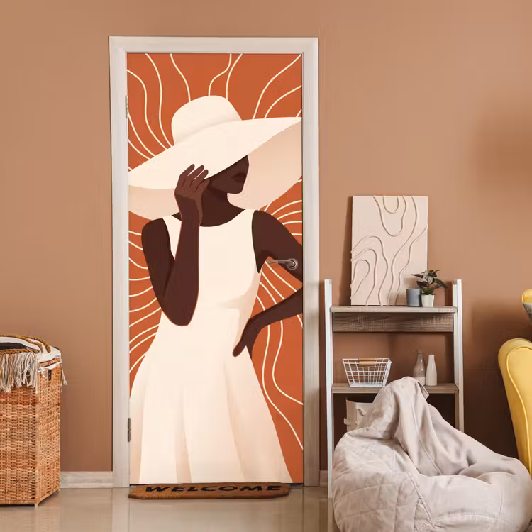 Vrouw - Hoed - Portret - Modern - Beige deurposter klein -sfeer1