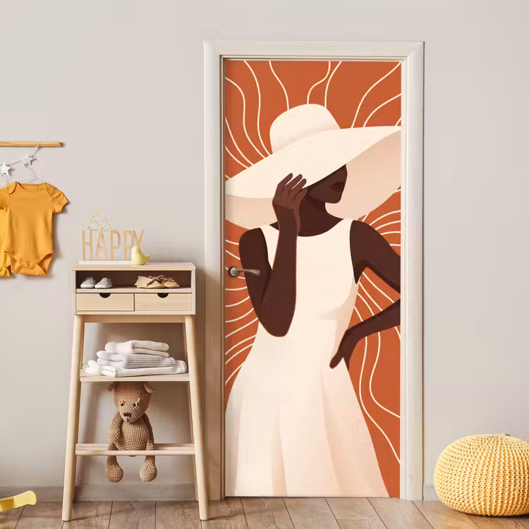 Vrouw - Hoed - Portret - Modern - Beige deurposter klein -sfeer4