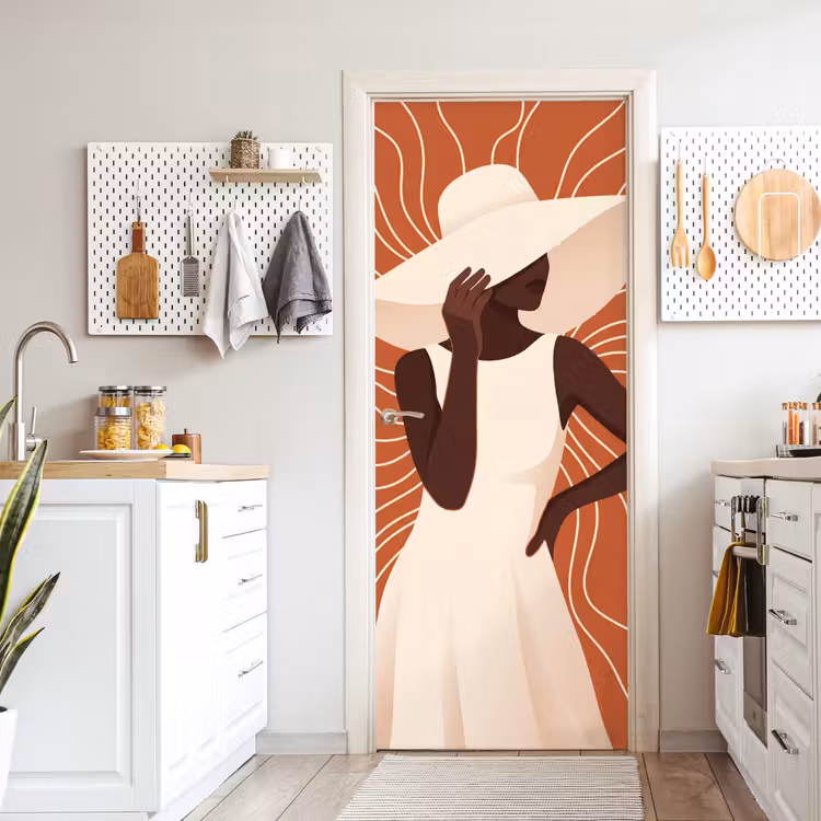 Vrouw - Hoed - Portret - Modern - Beige deurposter klein -sfeer5