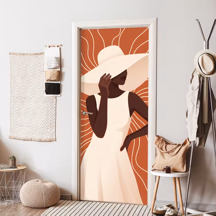 Vrouw - Hoed - Portret - Modern - Beige deurposter klein -sfeer6