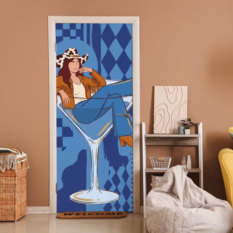 Vrouw - Martini glas - Abstract - Blauw - Kunst deurposter klein -sfeer1