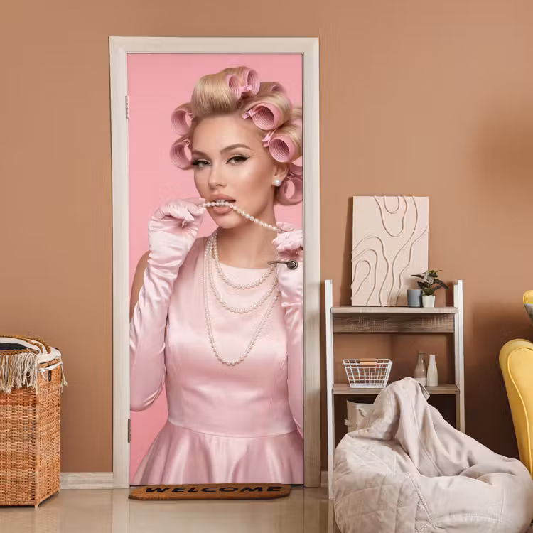 Vrouw - Roze - Parelketting - Krulspelden deurposter klein -sfeer1