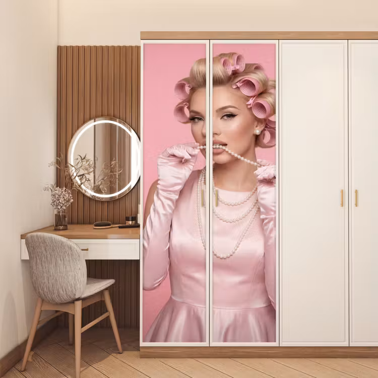 Vrouw - Roze - Parelketting - Krulspelden deurposter klein -sfeer3