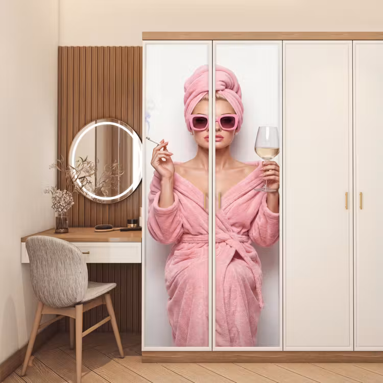 Vrouw - Roze - Wijn - Zonnebril deurposter klein -sfeer3