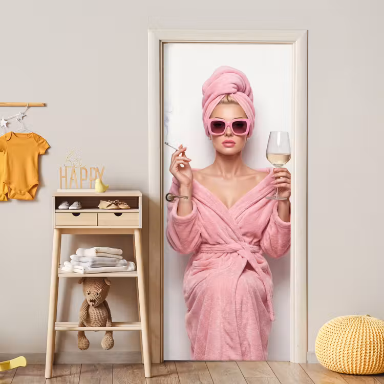 Vrouw - Roze - Wijn - Zonnebril deurposter klein -sfeer4