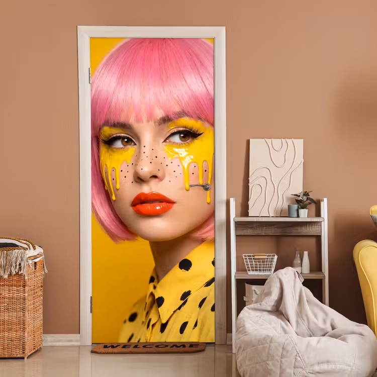 Vrouw - Portret - Abstract - Kleurrijk - Geel deurposter klein -sfeer1
