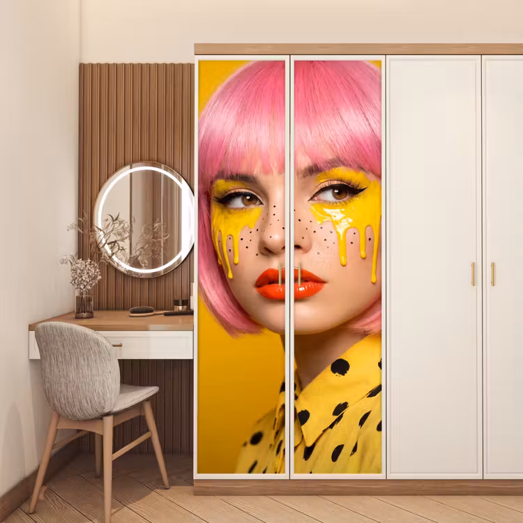 Vrouw - Portret - Abstract - Kleurrijk - Geel deurposter klein -sfeer3