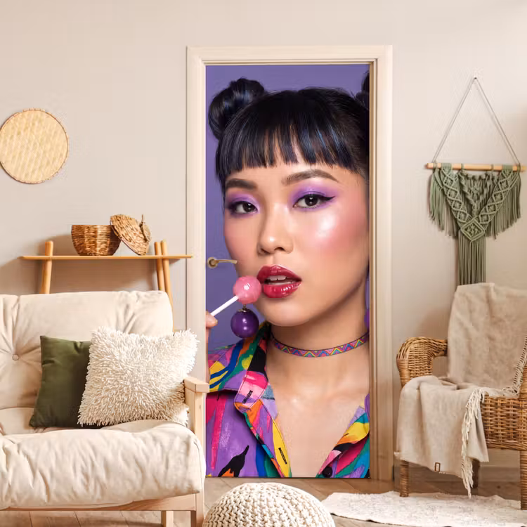 Vrouw - Portret - Make-up - Paars - Levendig deurposter klein -sfeer2