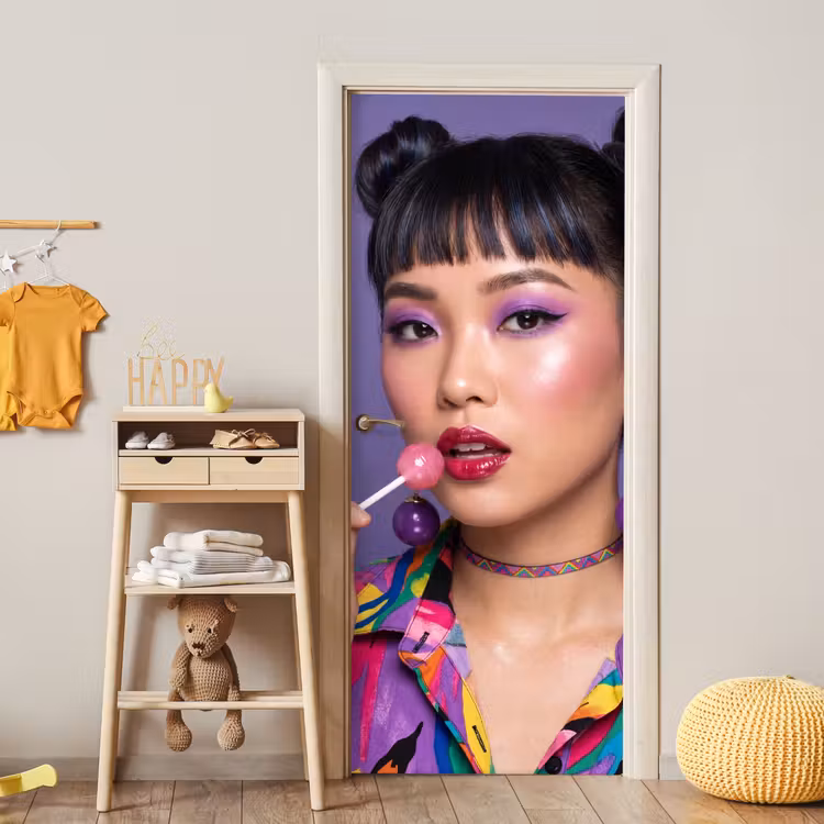 Vrouw - Portret - Make-up - Paars - Levendig deurposter klein -sfeer4
