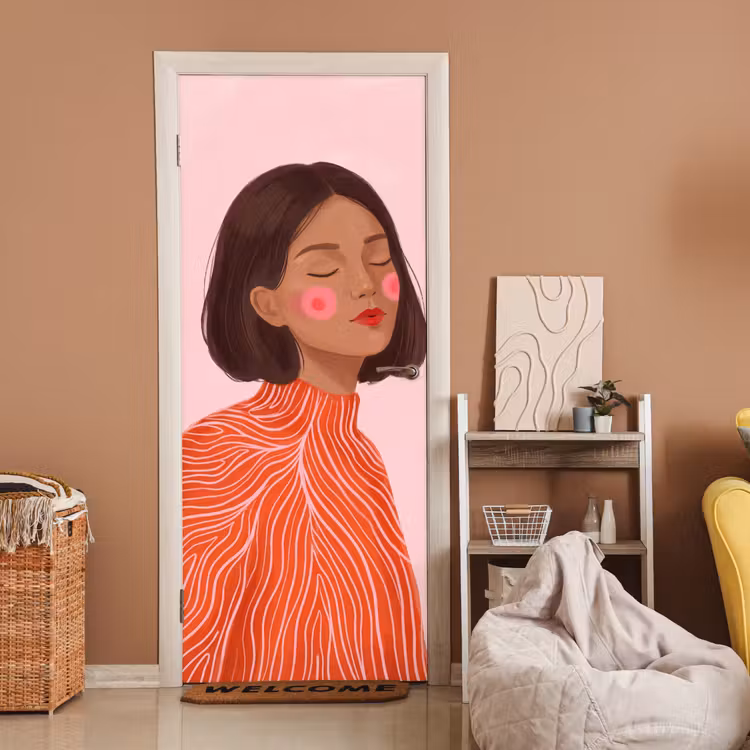 Vrouw - Portret - Modern - Kunst - Roze deurposter klein -sfeer1