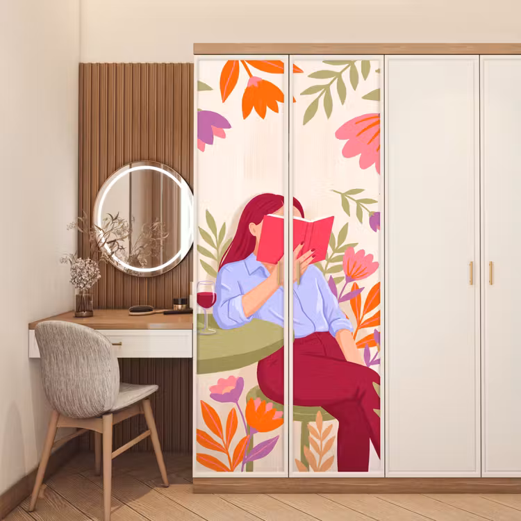 Vrouw - Lezen - Thuis - Modern - Bloemen deurposter klein -sfeer3