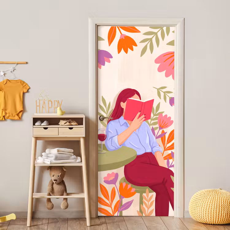 Vrouw - Lezen - Thuis - Modern - Bloemen deurposter klein -sfeer4