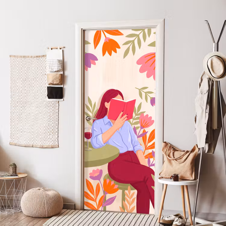Vrouw - Lezen - Thuis - Modern - Bloemen deurposter klein -sfeer6