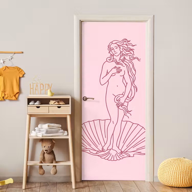 Vrouw - Schelp - Kunst - Lijntekening - Roze deurposter klein -sfeer4