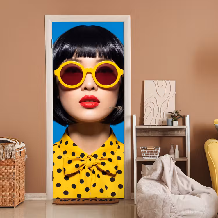 Vrouw - Zonnebril - Pop Art - Portret - Geel deurposter klein -sfeer1