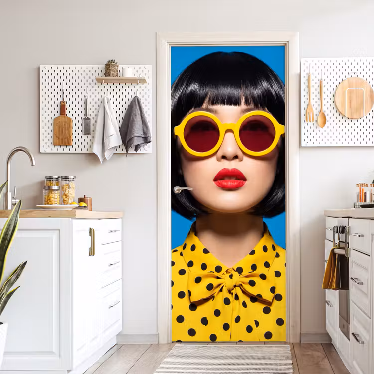 Vrouw - Zonnebril - Pop Art - Portret - Geel deurposter klein -sfeer5