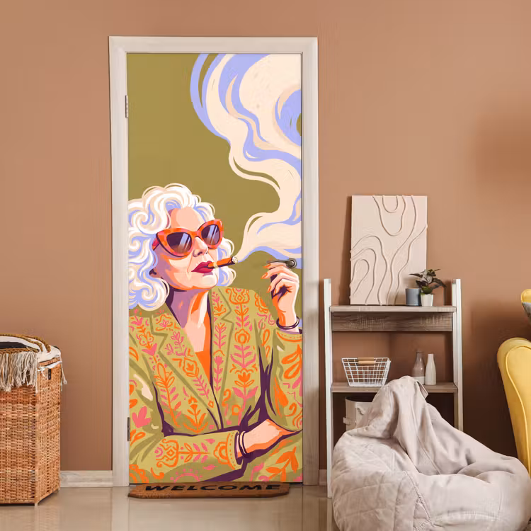 Vrouw - Zonnebril - Portret - Modern - Kleurrijk deurposter klein -sfeer1