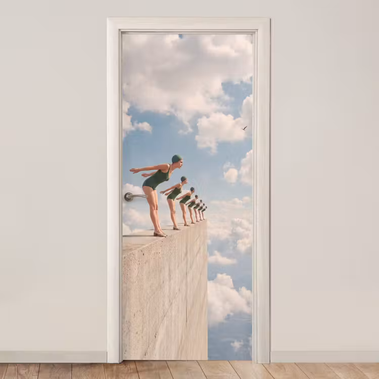 Door sticker - Women - Diving Pose - Clouds - Vrouwen - Duikhouding - Wolken deurposter klein