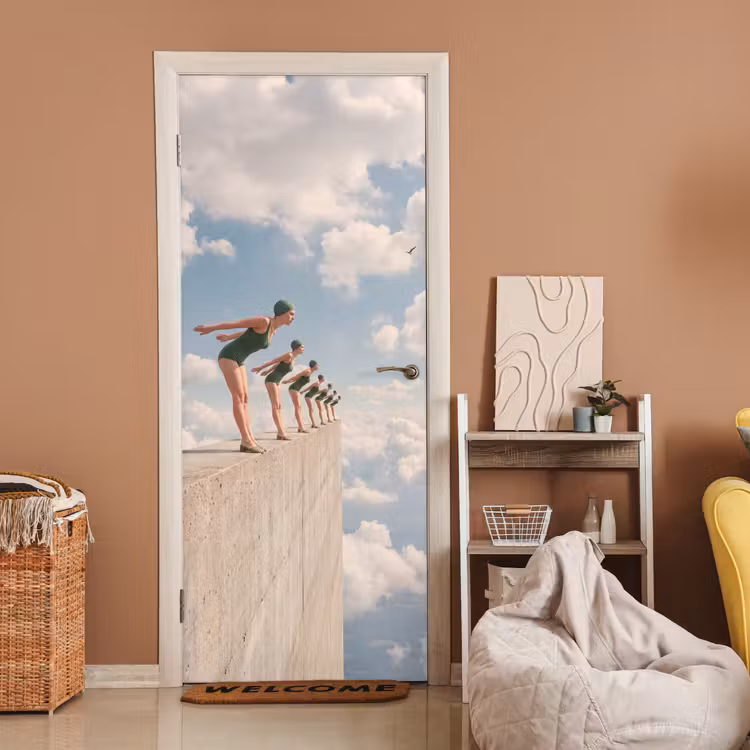 Door sticker - Women - Diving Pose - Clouds - Vrouwen - Duikhouding - Wolken deurposter klein