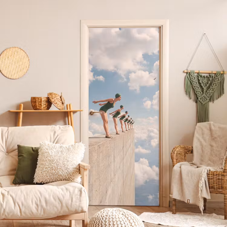 Door sticker - Women - Diving Pose - Clouds - Vrouwen - Duikhouding - Wolken deurposter klein