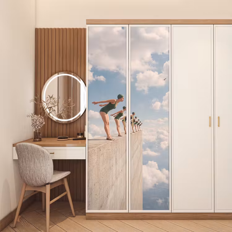 Door sticker - Women - Diving Pose - Clouds - Vrouwen - Duikhouding - Wolken deurposter klein