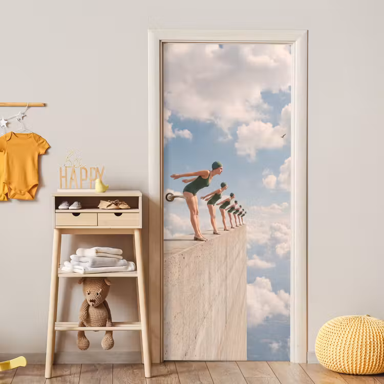 Door sticker - Women - Diving Pose - Clouds - Vrouwen - Duikhouding - Wolken deurposter klein
