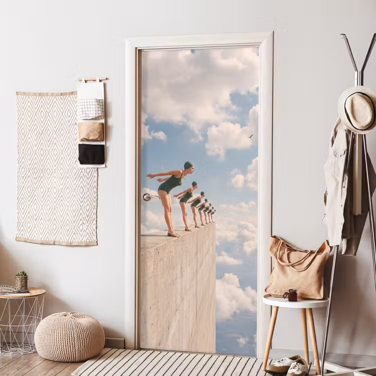 Door sticker - Women - Diving Pose - Clouds - Vrouwen - Duikhouding - Wolken deurposter klein