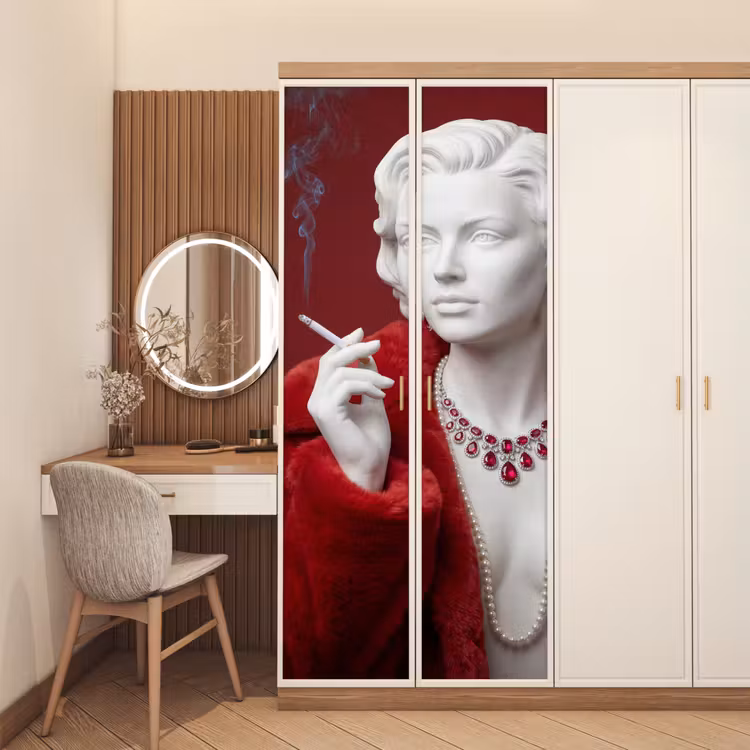 Vrouw - Bontjas - Mode - Klassiek - Rood deurposter klein -sfeer3
