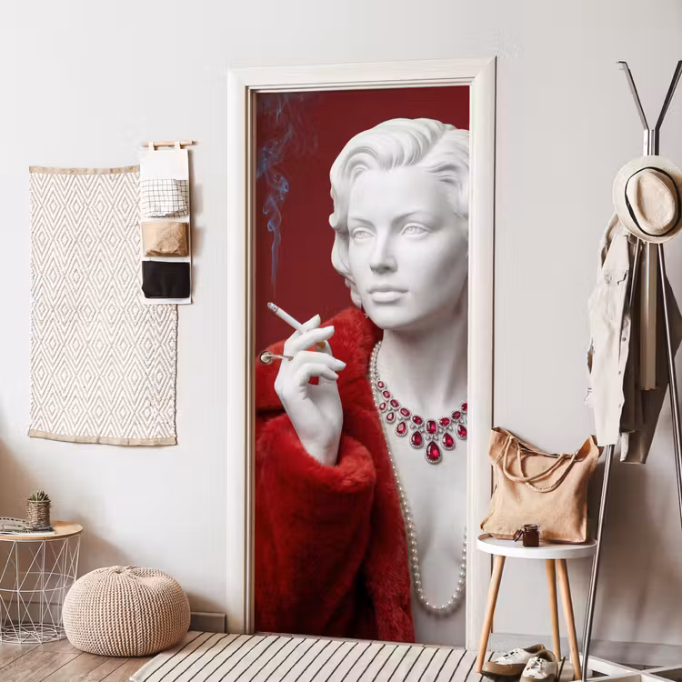 Vrouw - Bontjas - Mode - Klassiek - Rood deurposter klein -sfeer6