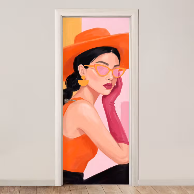 Vrouw - Hoed - Mode - Modern - Oranje deurposter klein -3d_beige