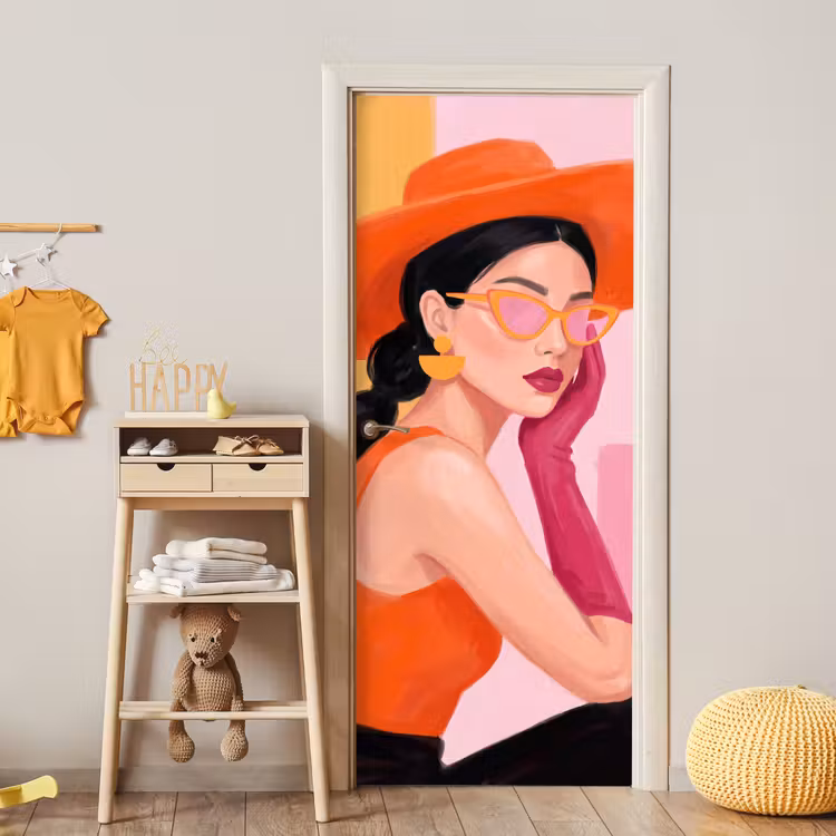 Vrouw - Hoed - Mode - Modern - Oranje deurposter klein -sfeer4