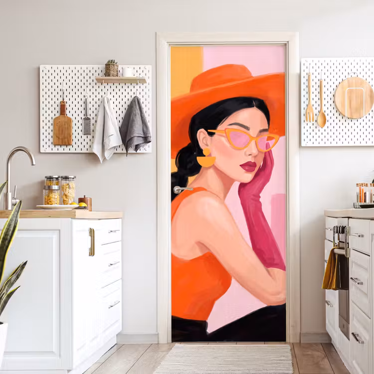 Vrouw - Hoed - Mode - Modern - Oranje deurposter klein -sfeer5