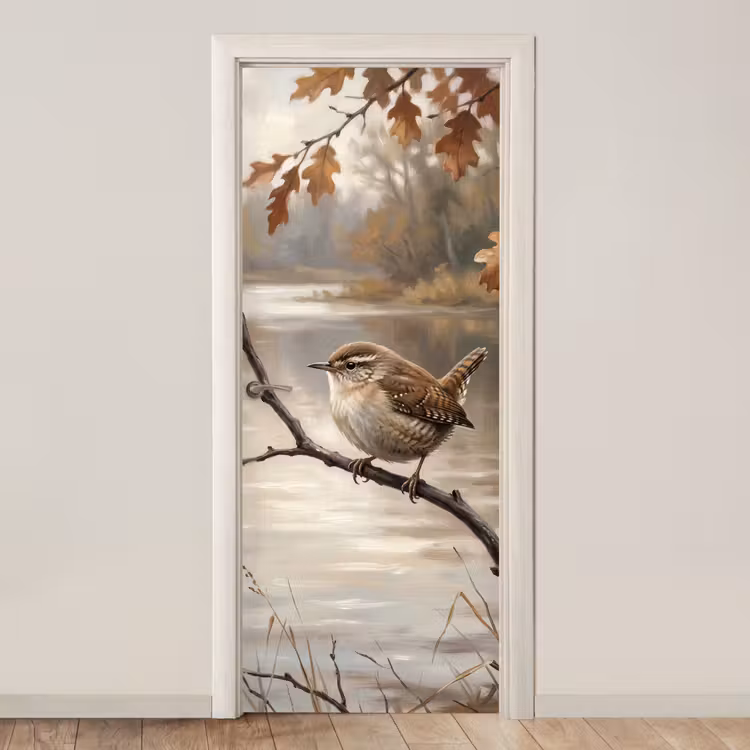 Winterkoninkje - Tak - Rivier - Natuur - Sfeervol deurposter klein -3d_beige