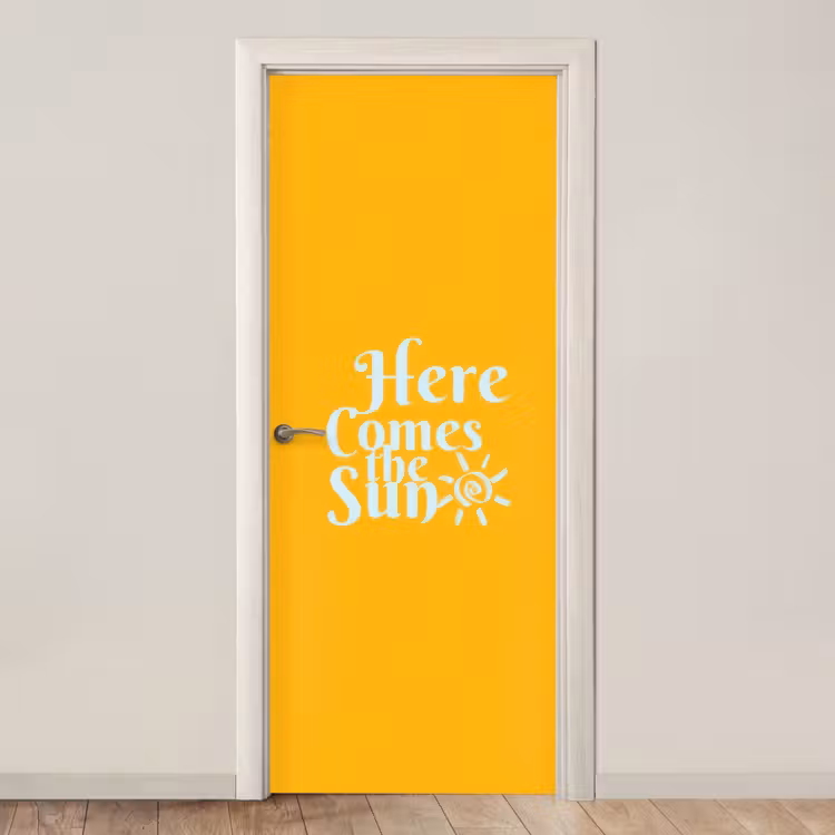 Geel - Blauw - Here comes the sun deurposter klein -3d_beige