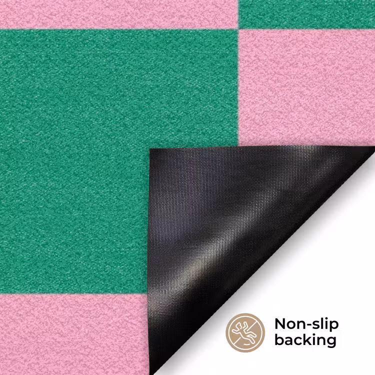 Schaakbord patroon - Groen - Roze - Blokjes Deurmat klein -antislip_EN