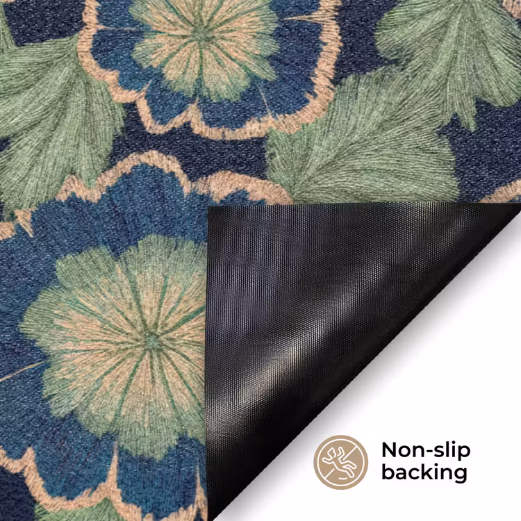 Bloemen - Borduurwerk - Patroon - Blauw - Groen Deurmat klein 898 -antislip_EN