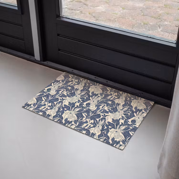 Hazen - Bladeren - Patroon - Blauw - Beige Deurmat klein 898 -sfeer2