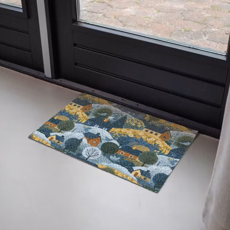 Huisjes - Bloemen - Patroon - Geel - Blauw Deurmat klein 898 -sfeer2