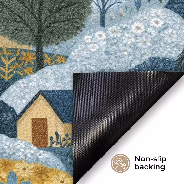 Huisjes - Bloemen - Patroon - Geel - Blauw Deurmat klein 898 -antislip_EN