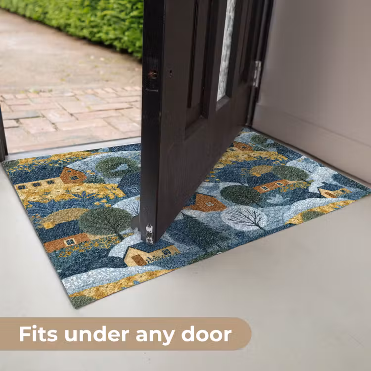 Huisjes - Bloemen - Patroon - Geel - Blauw Deurmat klein 898 -USP_EN