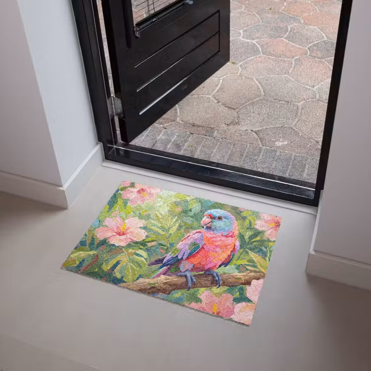 Papagaai - Hibiscusbloemen - Kleurrijk Deurmat klein -sfeer5